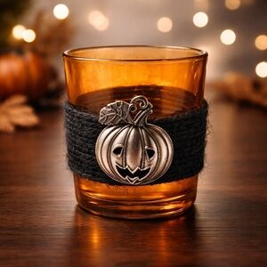 Orange Glass Candle Holder with Silver Pumpkin Accent NWT